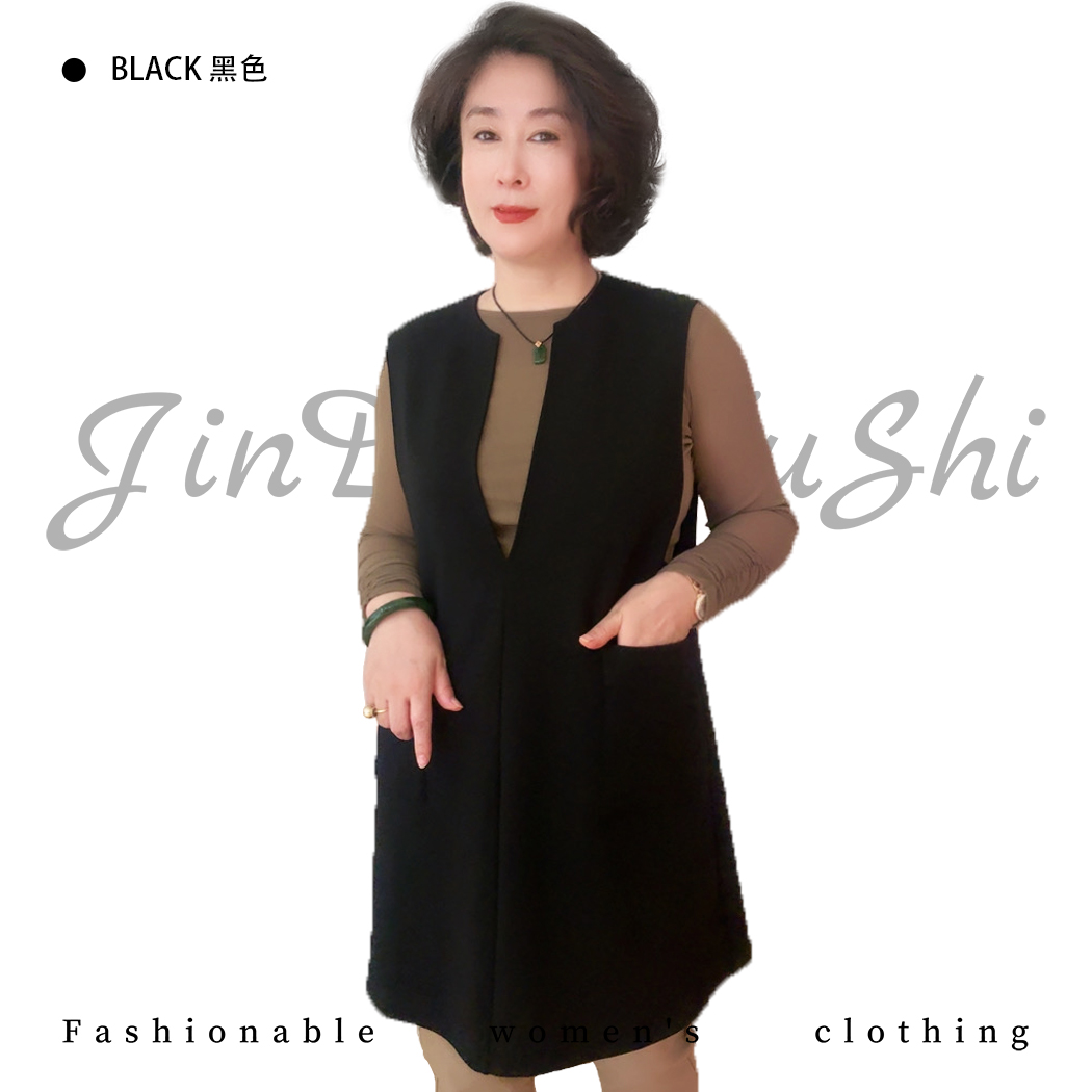 【金典女人服饰】新款秋季中长款双兜V领马甲     百搭显瘦马夹3998