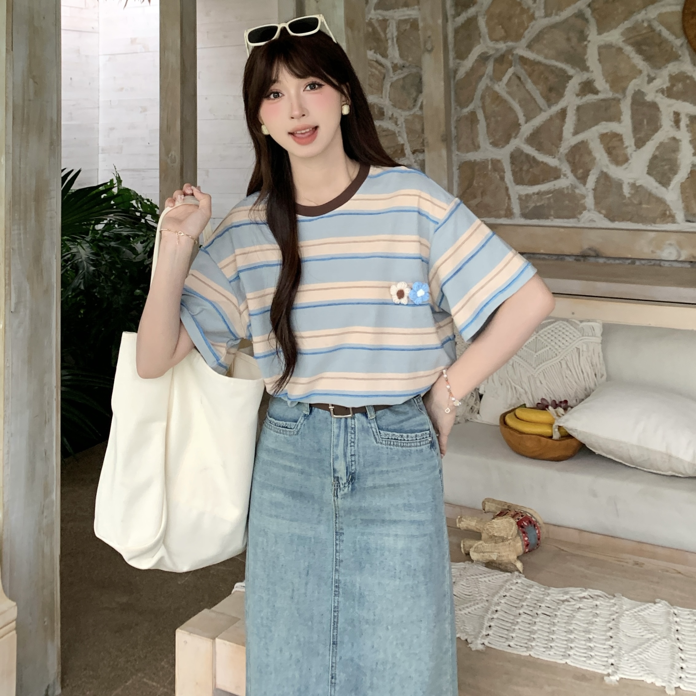 慕兔日系街头风撞色小清新条纹T恤女2025夏季新款盐系ins宽松上衣