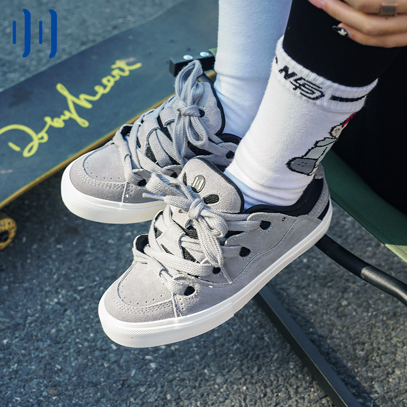 顽刻ollieskate面包鞋深灰色拼接复古BAKE低帮男女秋冬国潮滑板鞋