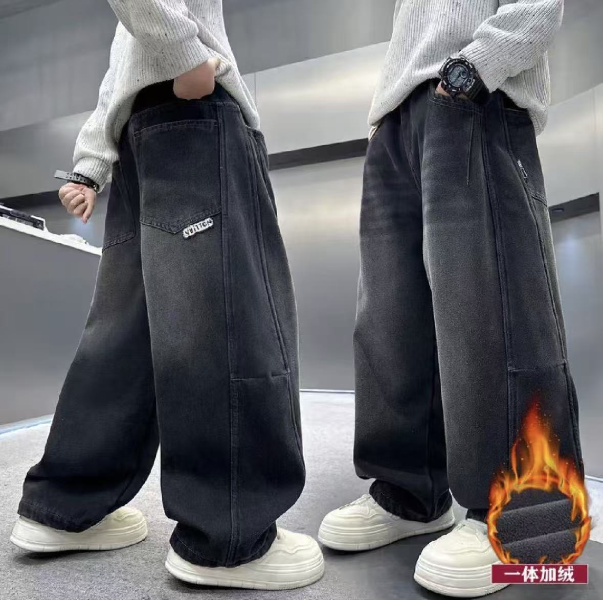 201322童装男童加绒牛仔裤2025冬季韩版潮酷时尚加绒加厚牛仔裤潮