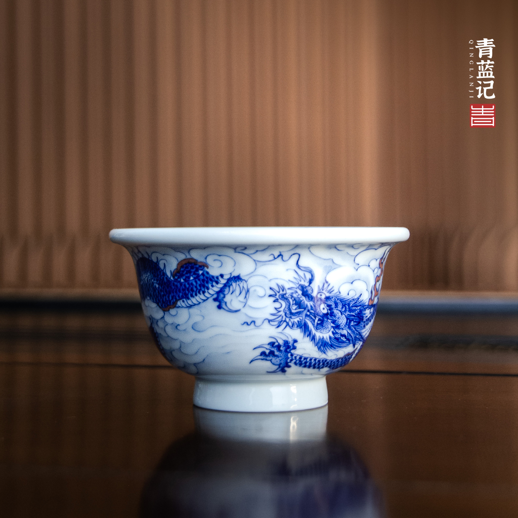 景德镇手工青花云龙纹陶瓷纯手工压手杯（底款可定制）