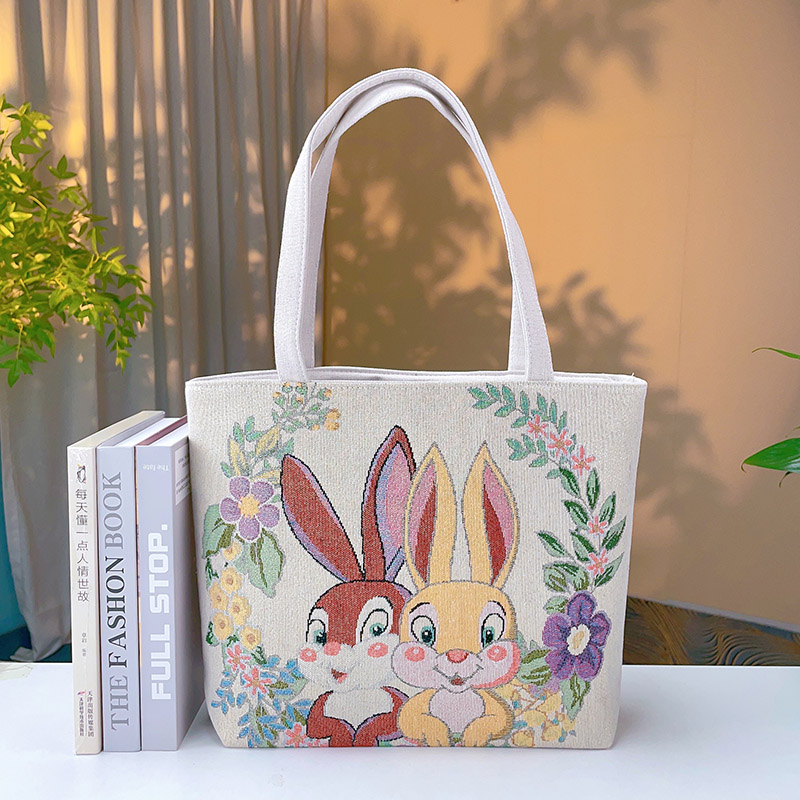 萌兔可爱帆布包女双面金丝刺绣单肩包学生补习购物袋上班通勤妈咪