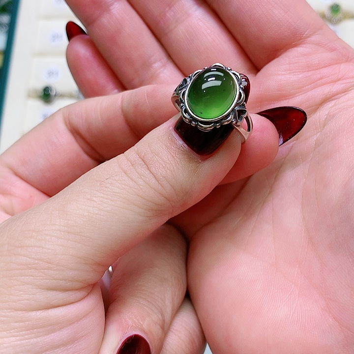蛇纹石玉戒指银S925镶嵌
