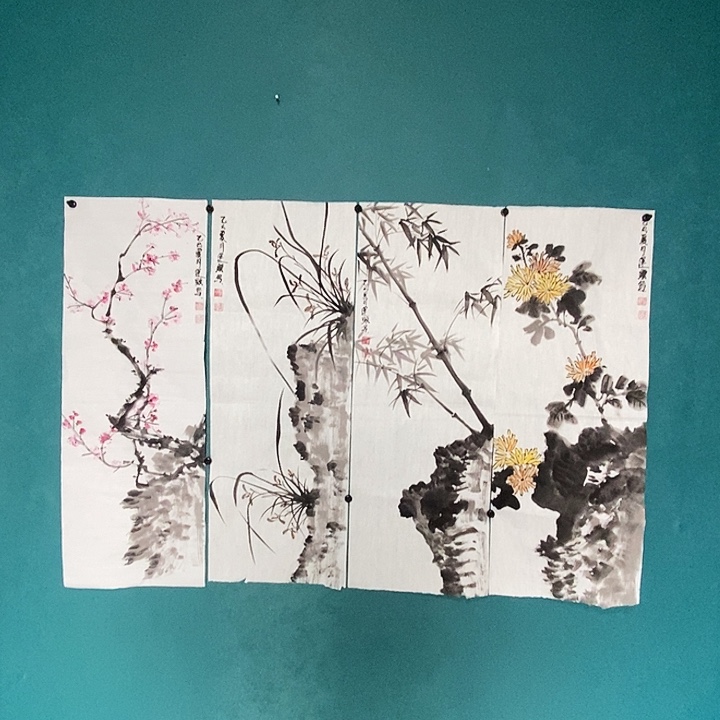 国画手绘四条屏梅兰竹菊