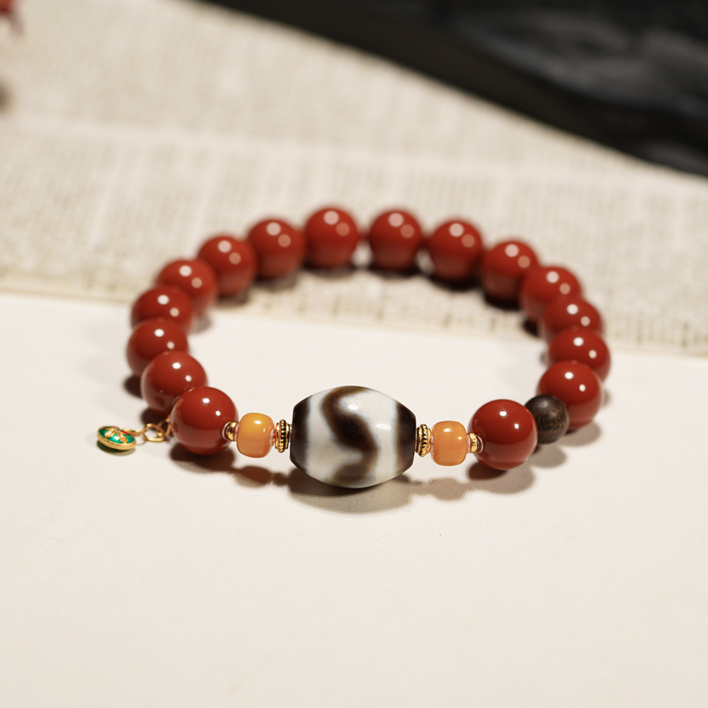 文莱沉香配南红珠珠顶珠单圈手串6MM圆珠文玩好物