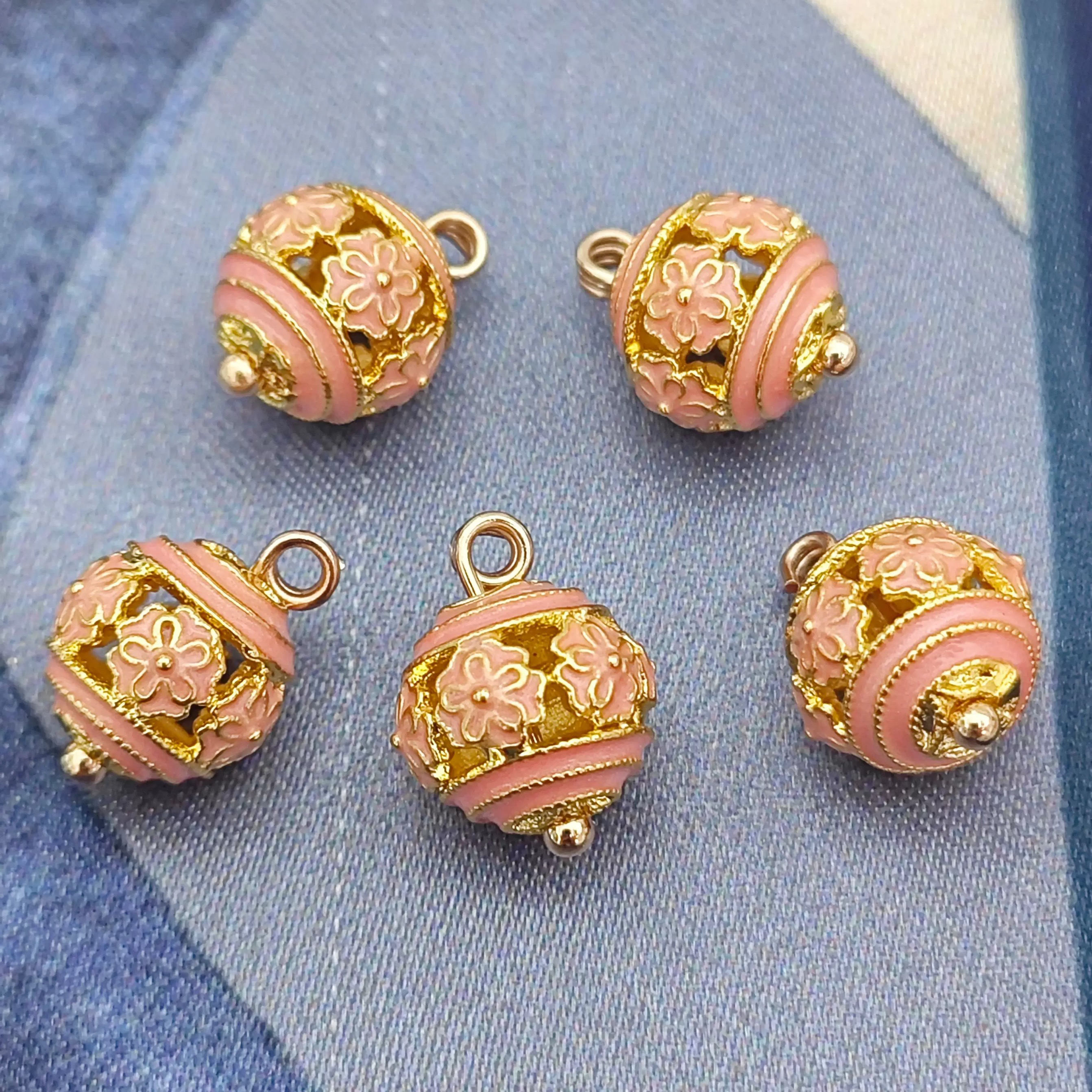 10mm沙金珐琅彩掐丝粉色镂空圆形配件旗袍盘扣手链毛衣链隔珠配饰