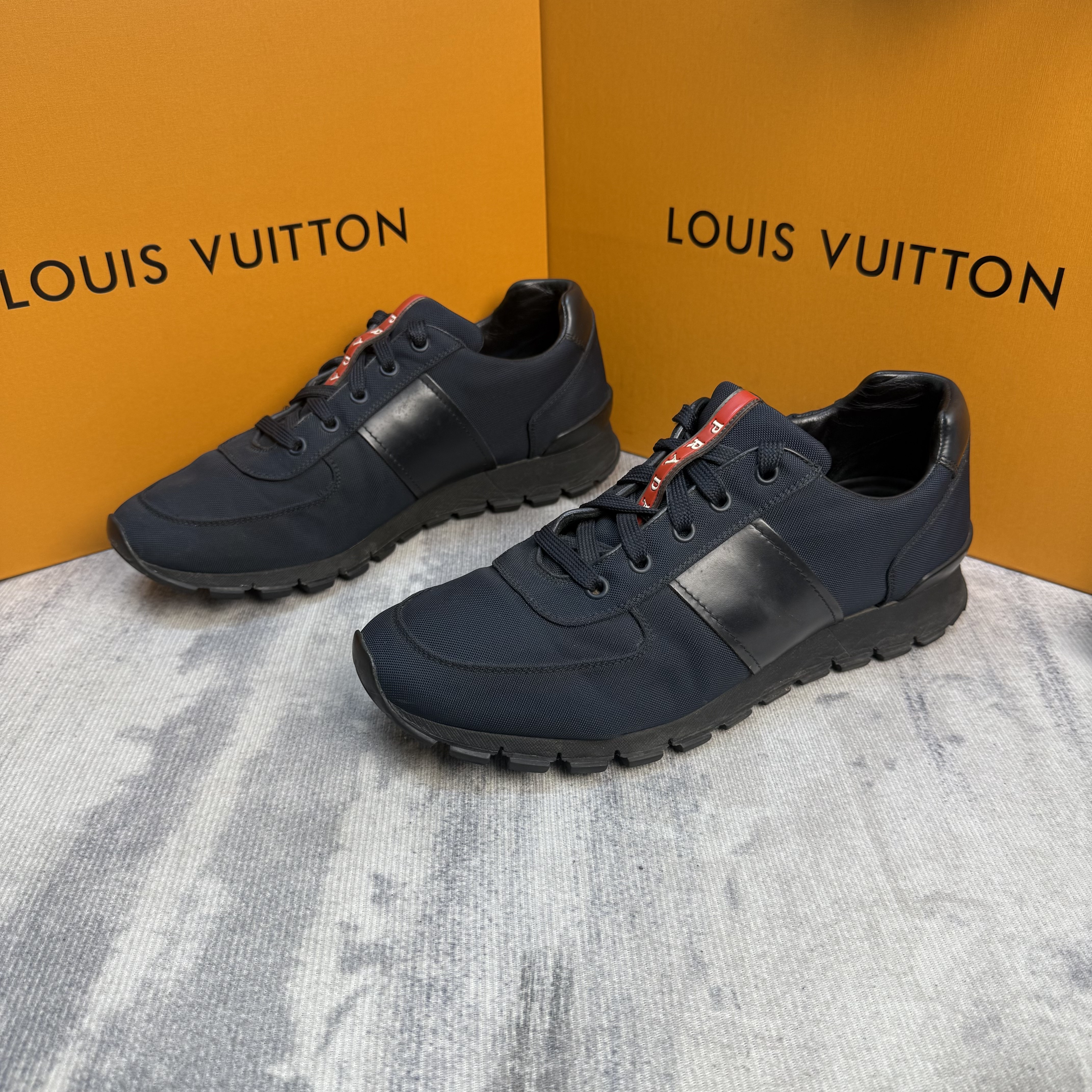 95新 Prada/普拉达 蓝色帆布皮革拼接运动鞋/95新41欧