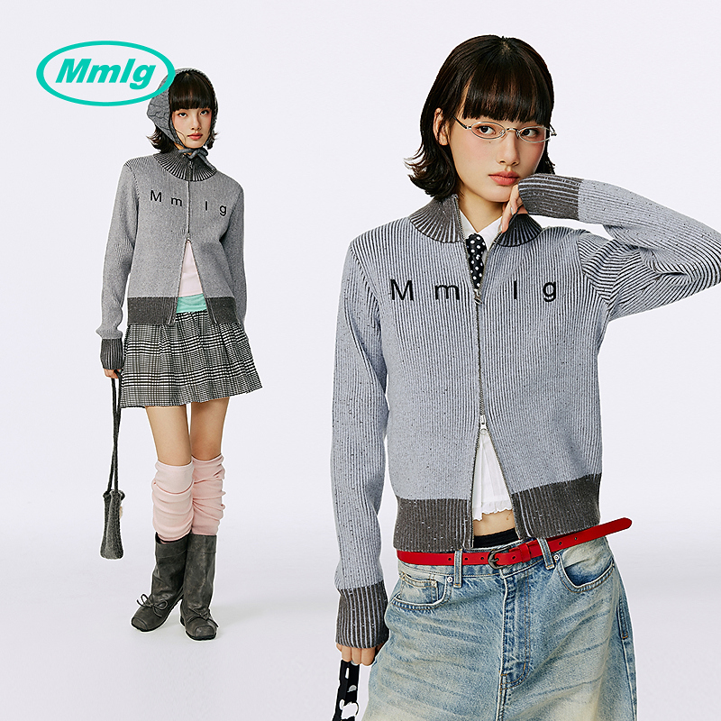 Mmlg2025秋冬新款设计感竖条纹显瘦开衫毛衣女小立领外套FQE021