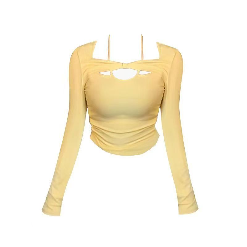 大宝家《勾心之火》独特别致甜辣妹短款不规则一字肩挂脖女长袖t恤