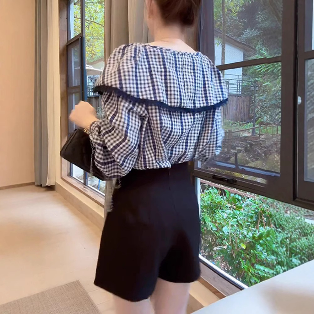 洋气衣服设计感荷叶领长袖衬衫2025春装新款开春防晒衬衣格子小衫