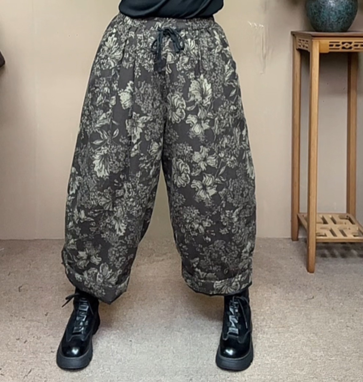 秋冬新款碎花文艺复古百搭大码麻棉裤柔软加厚保暖宽松遮肉阔腿裤