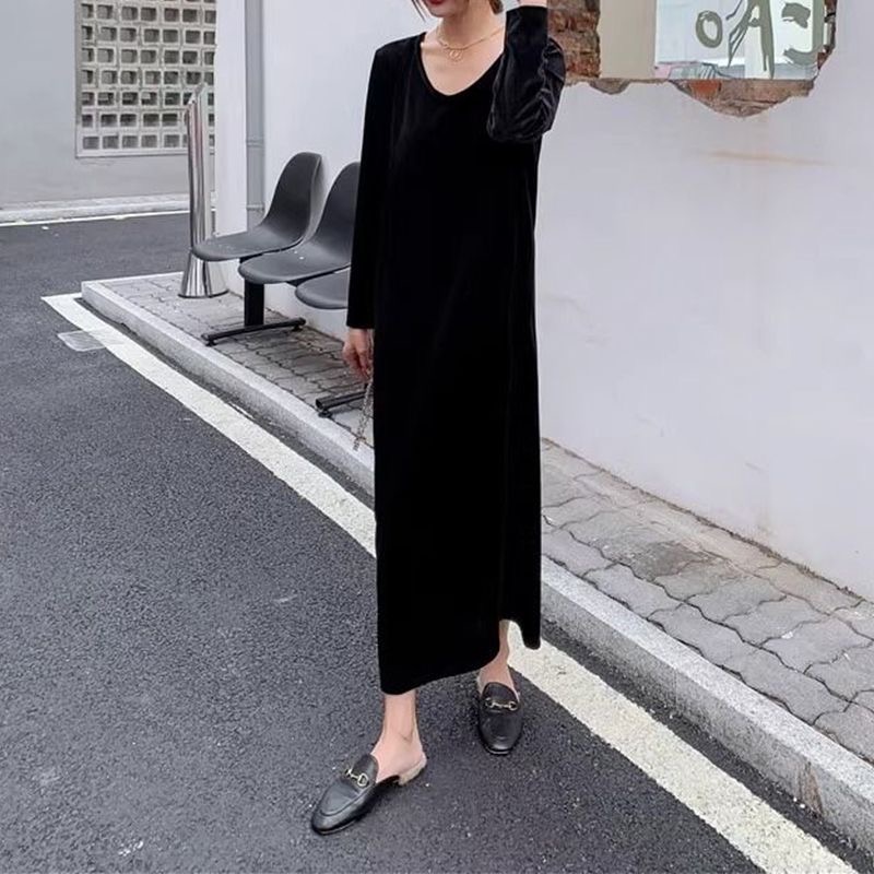 长裙洋气夏季黑色长款短袖连衣裙复古港风裙子时尚