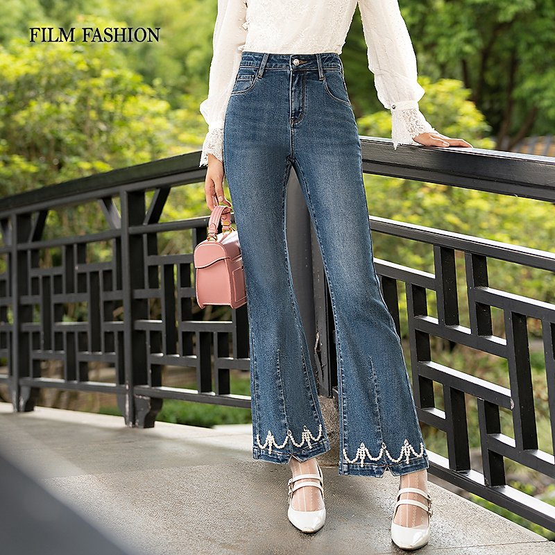 【芊芊专属】春季复古经典重工珍珠微喇裤长裤女FEFK141615