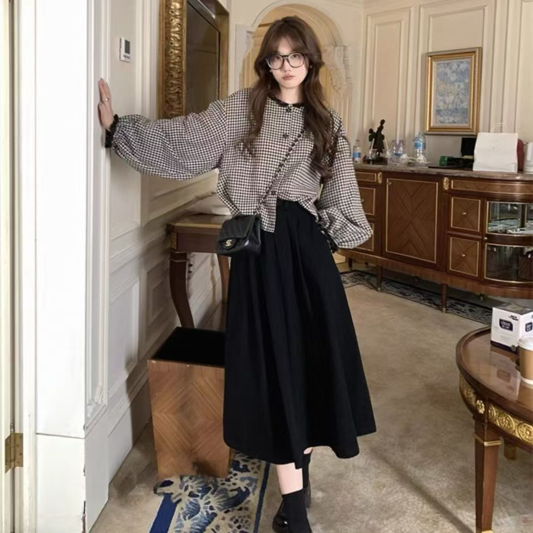 松弛感穿搭套装女法式洋气宽松格子长袖衬衫+半身裙两件套套装