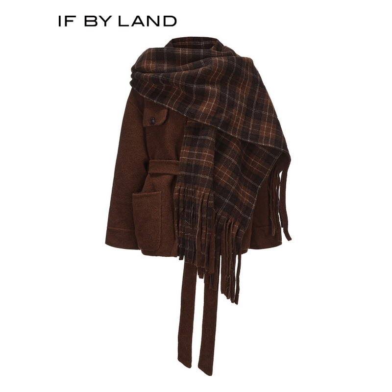 【 茉舍】IF BY LAND 25格纹双面呢两穿围巾大衣IBL5EOC001-4990