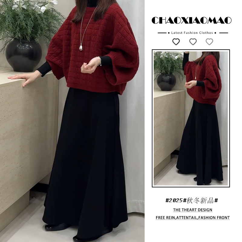 2025年秋冬季新款韩穿搭套装女慵懒风红色灯笼袖毛衣连衣裙两件套
