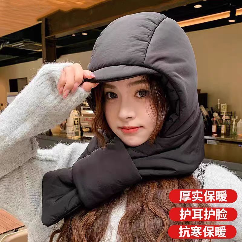羽绒雷锋帽子围巾一体女冬季加厚大头围骑行防风雪鸭舌保暖棉帽A