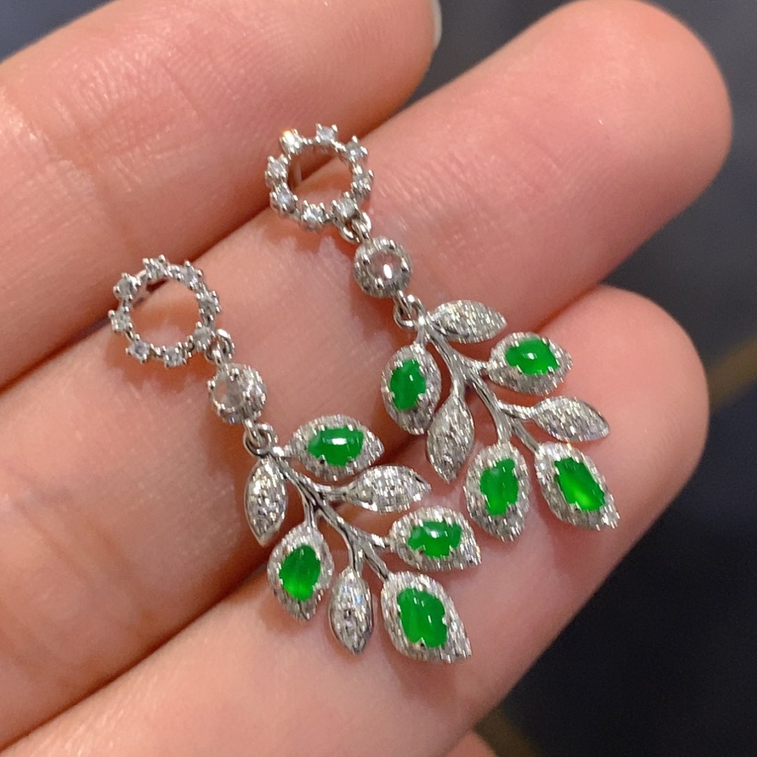 翡翠耳饰18K金镶嵌天然缅甸A货翡翠