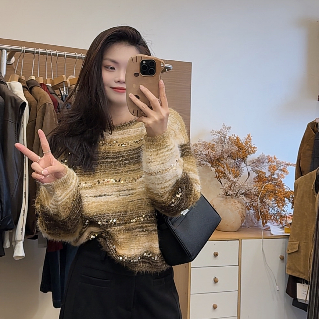 渐变亮片慵懒风宽松显瘦套头针织毛衣 女秋冬百搭上衣 氛围感毛衣