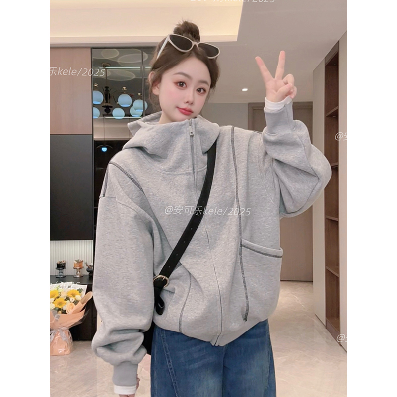 美式高领连帽衣服开衫卫衣女秋季新款拉链卫衣外套大码#C5044