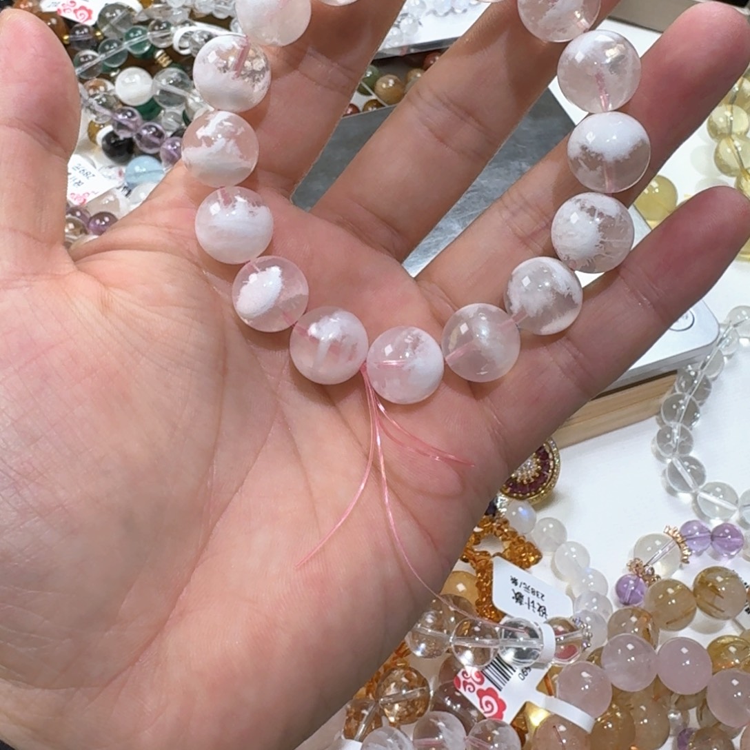 水晶未镶嵌手链13mm粉雪花
