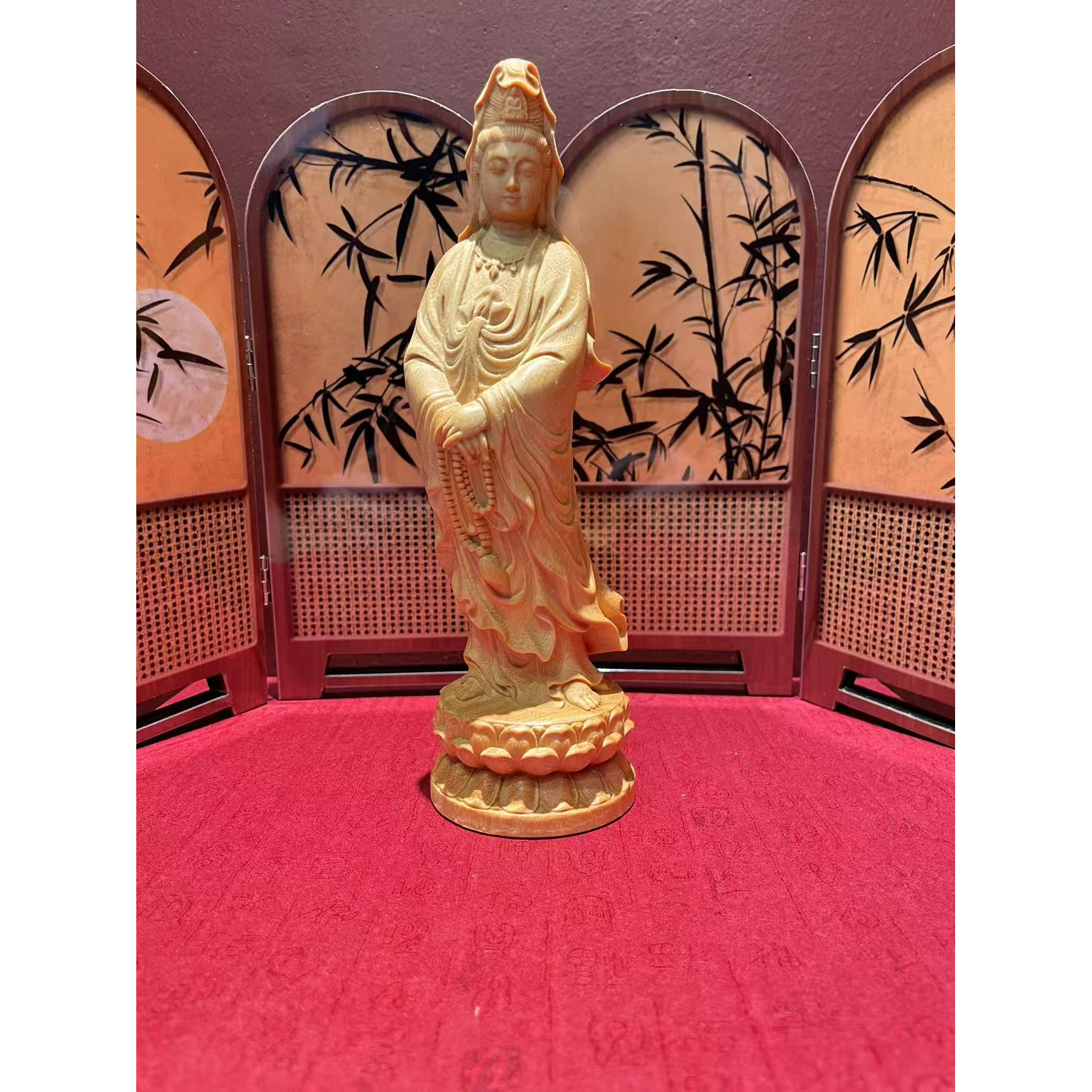 黄金檀实木雕刻莲花观音摆件木头根雕念珠观世音家居装饰工艺品
