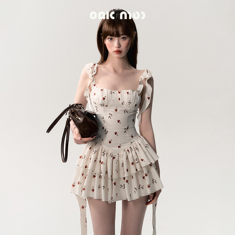 新OAKMOO/ "柑橘和橙花"飘带连衣裙女法式茶歇收腰方领吊带短裙夏