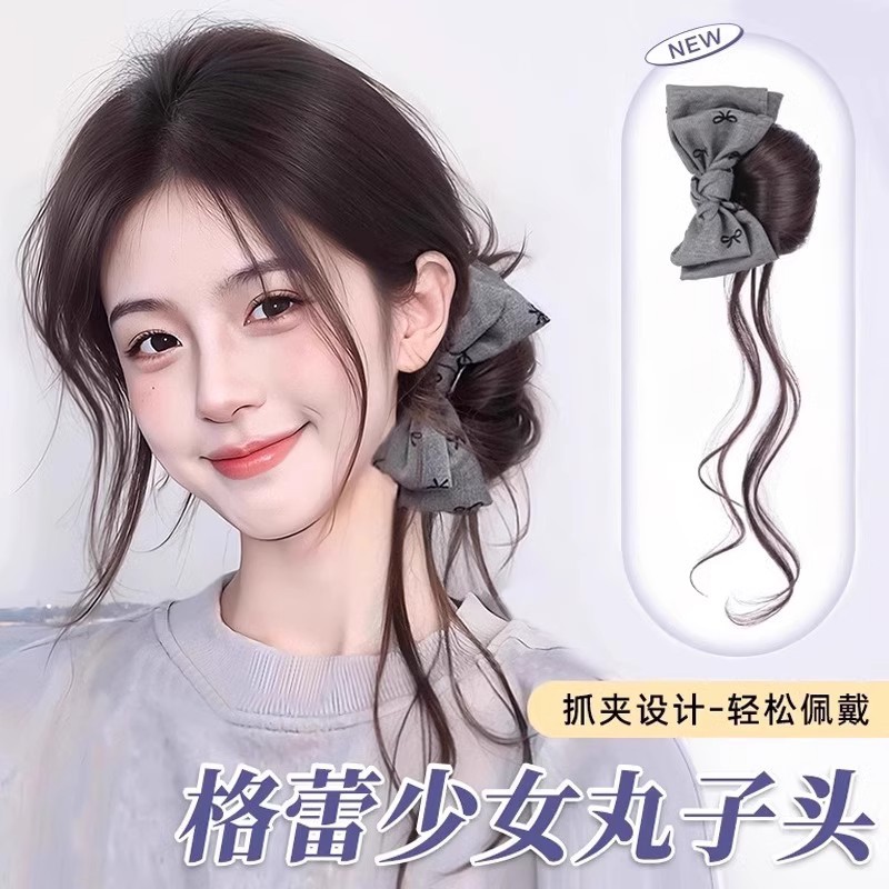 蝴蝶结抓夹龙须丸子头假发侧扎发圈自然蓬松增发量懒人盘发神器女