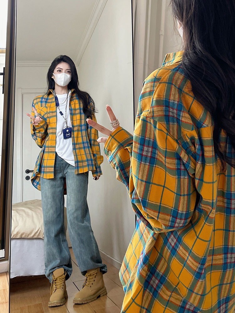 法式格子衬衫女秋季新款韩版时尚少女小个子复古长袖衬衫休闲外套
