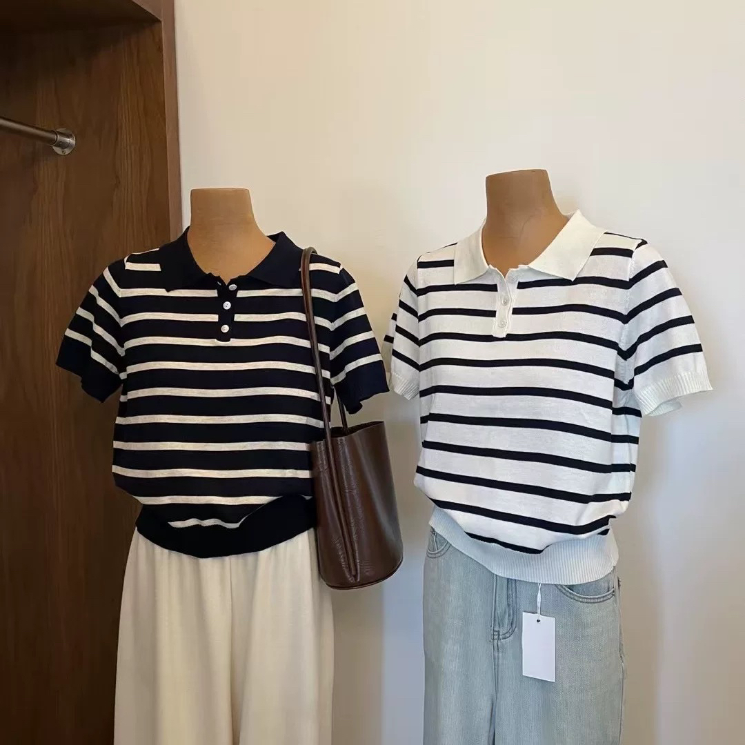 韩国东大门女装上衣条纹短袖POLO领针织衫夏季