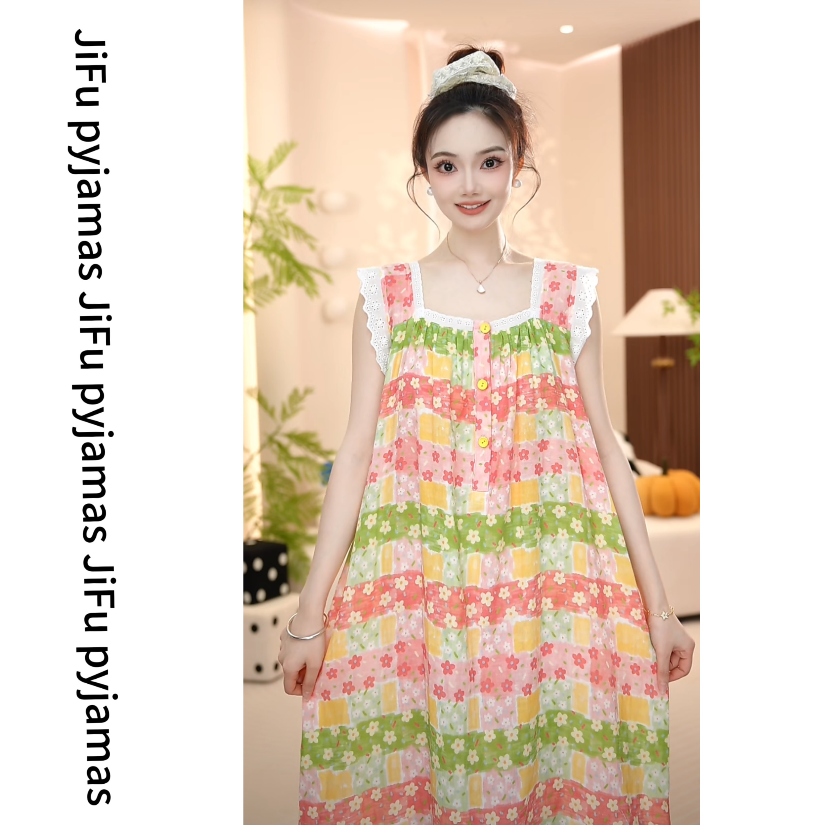 【多巴胺】纯棉无袖高定轻奢时尚休闲睡裙宽松透气睡衣女中长款