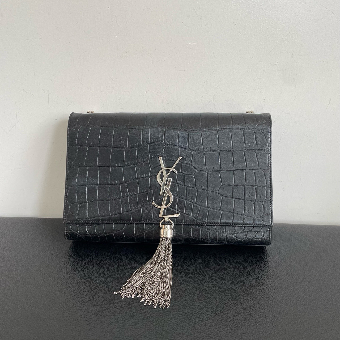 95新 YSL/圣罗兰 ysl 黑银鳄压纹 kate 流苏包