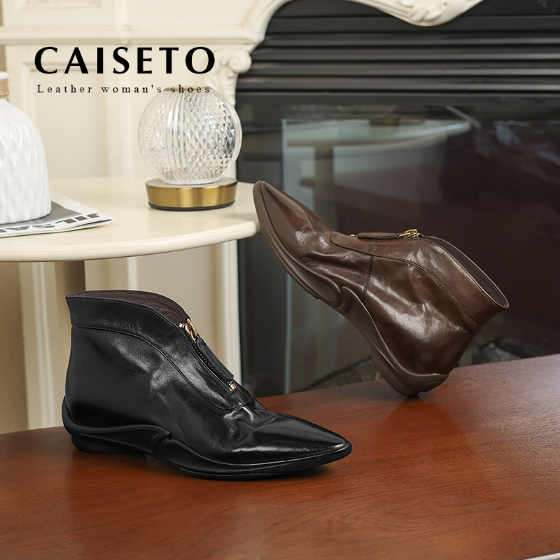 【棕色】牛皮/4cm新款尖头时尚短靴舒适通勤简约女鞋24X097