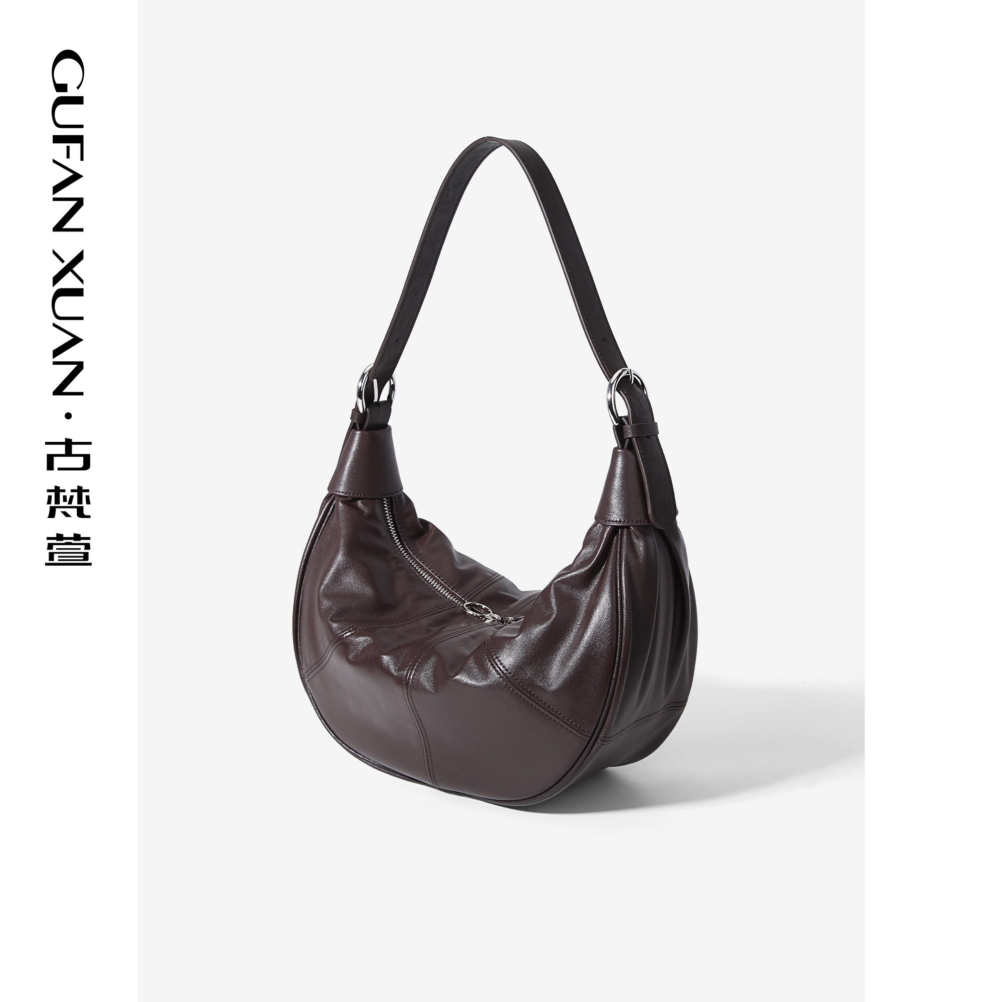 GUFAN XUAN/古梵萱纯色饺子包单肩包褶皱牛皮包简约法棍包腋下