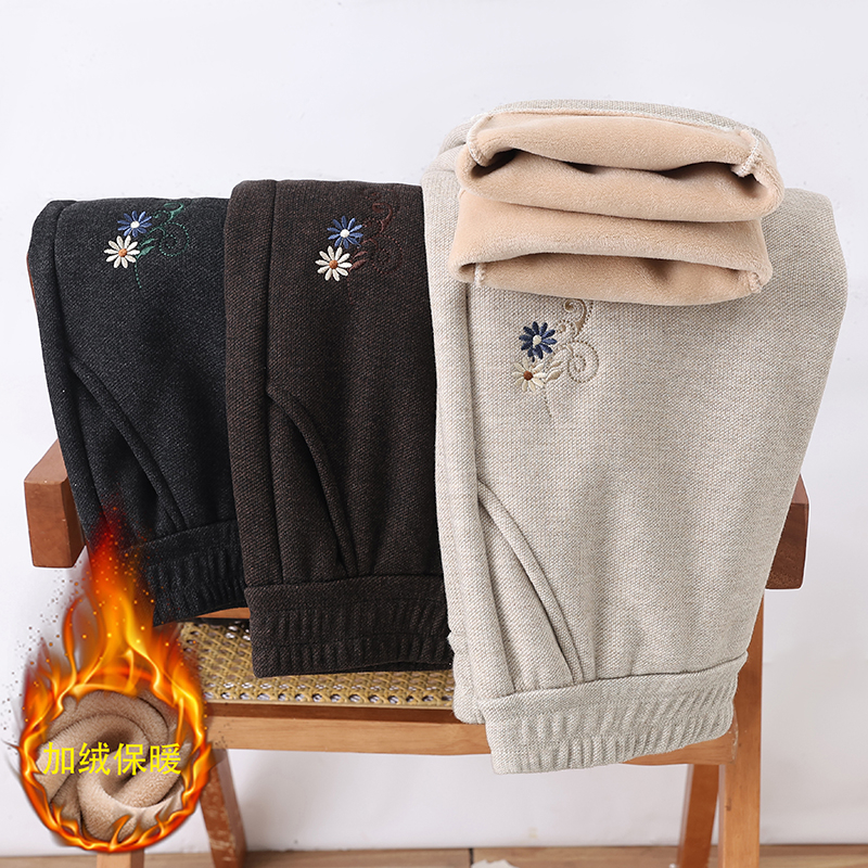 加绒加厚中老年刺绣宝宝绒秋冬保暖气质休闲裤妈妈装长裤子