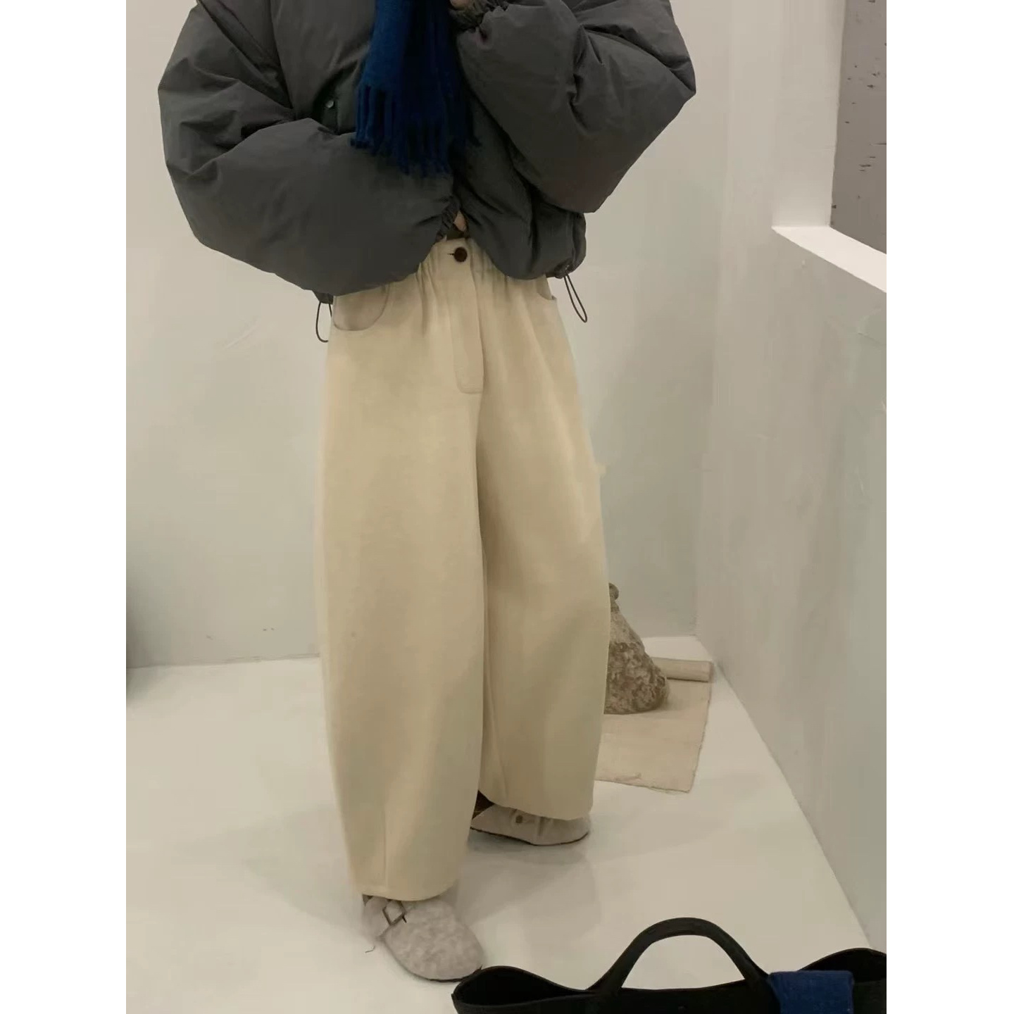 冬款宽松显瘦百搭加绒毛呢休闲裤