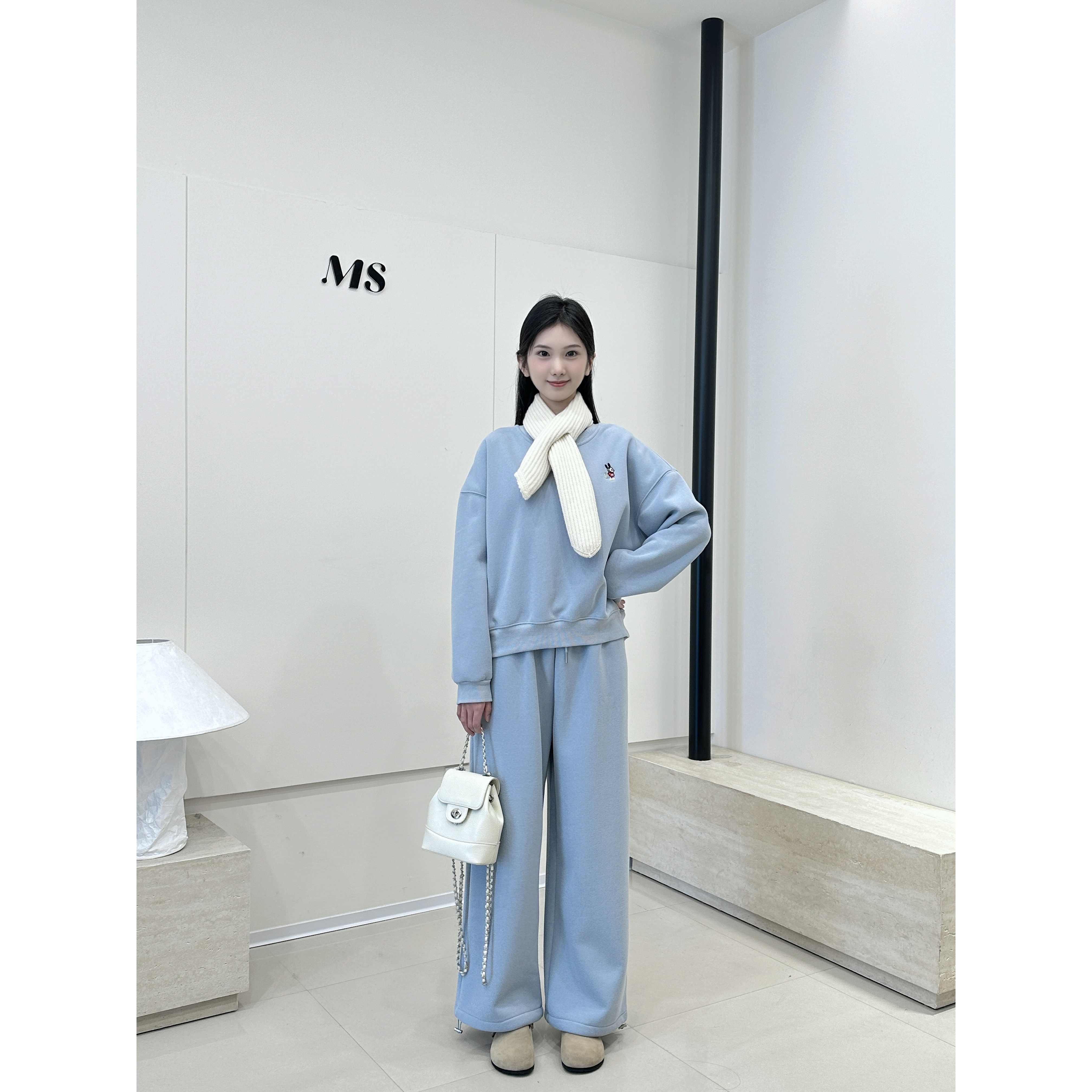 韩系休闲宽松加绒套头卫衣高腰松紧阔腿休闲裤套装2025