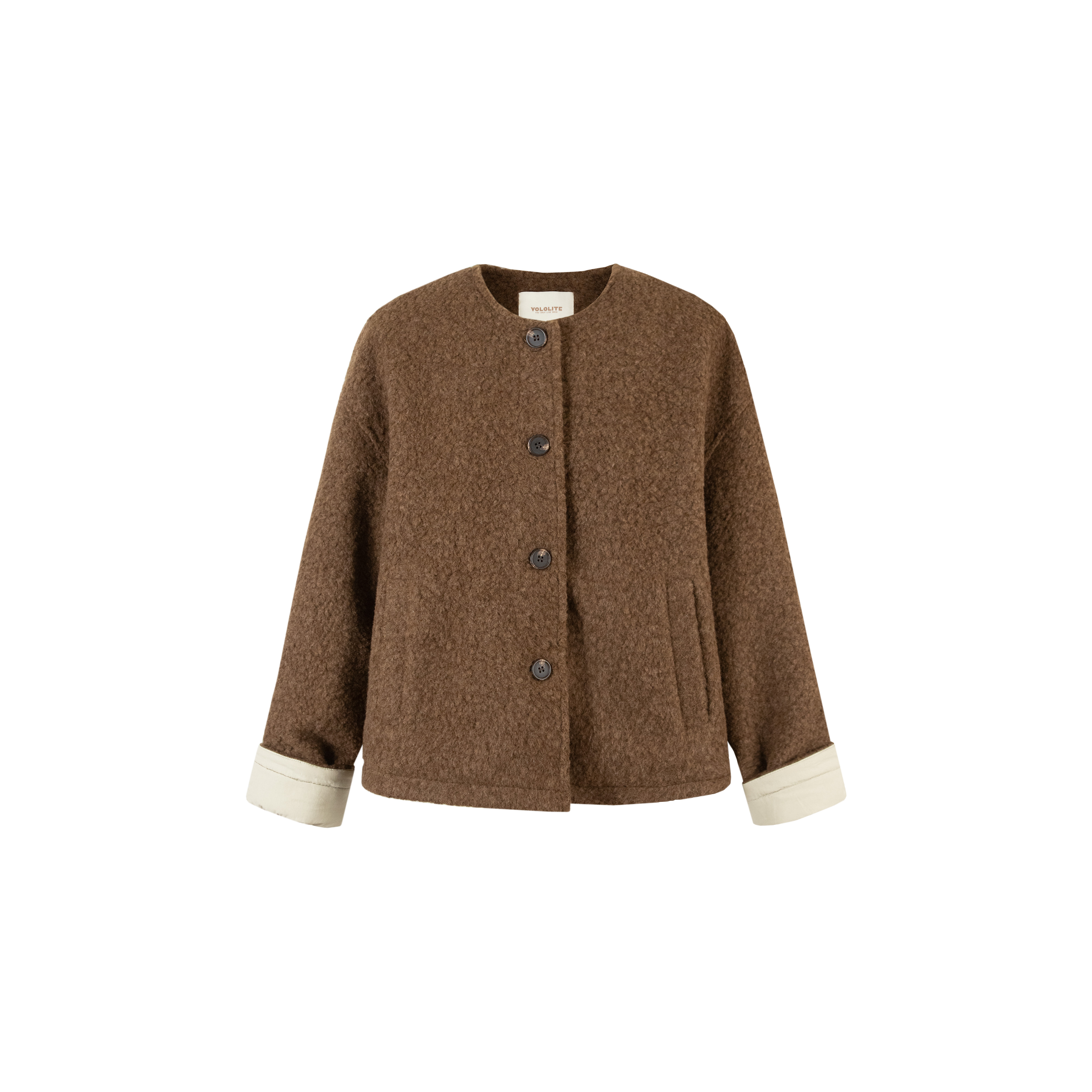 【雨林】3602冬季新款袖口卷边撞色设计慵懒圆领休闲外套L