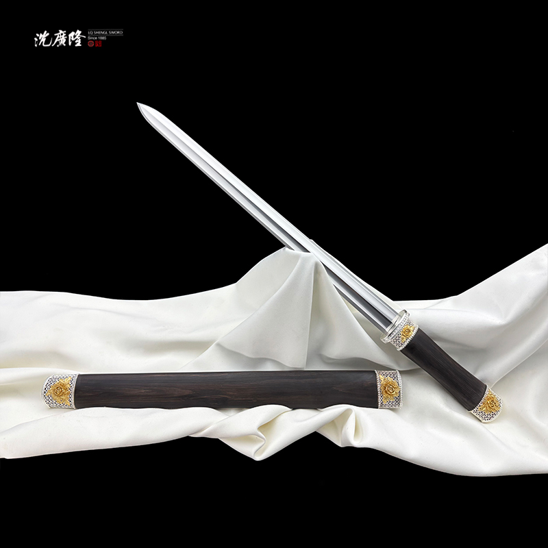 龙泉沈广隆-盛世牡丹剑 镀金银 黑檀木 花纹钢 宝剑 手工 未开刃