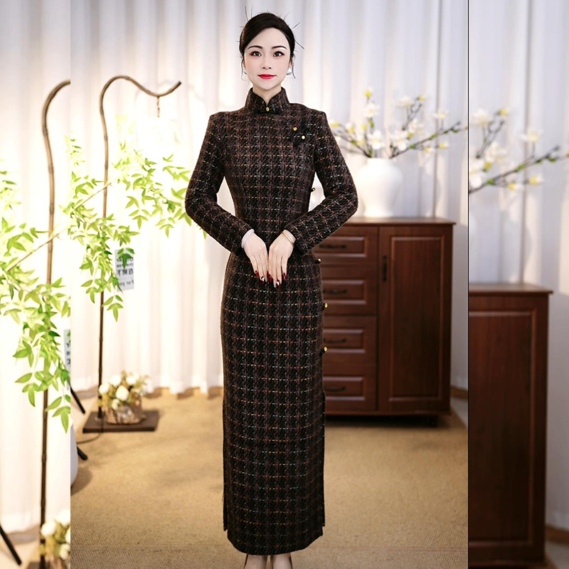 [Apple918]2025秋冬新款高端提花复古水貂绒中国风旗袍连衣裙保暖