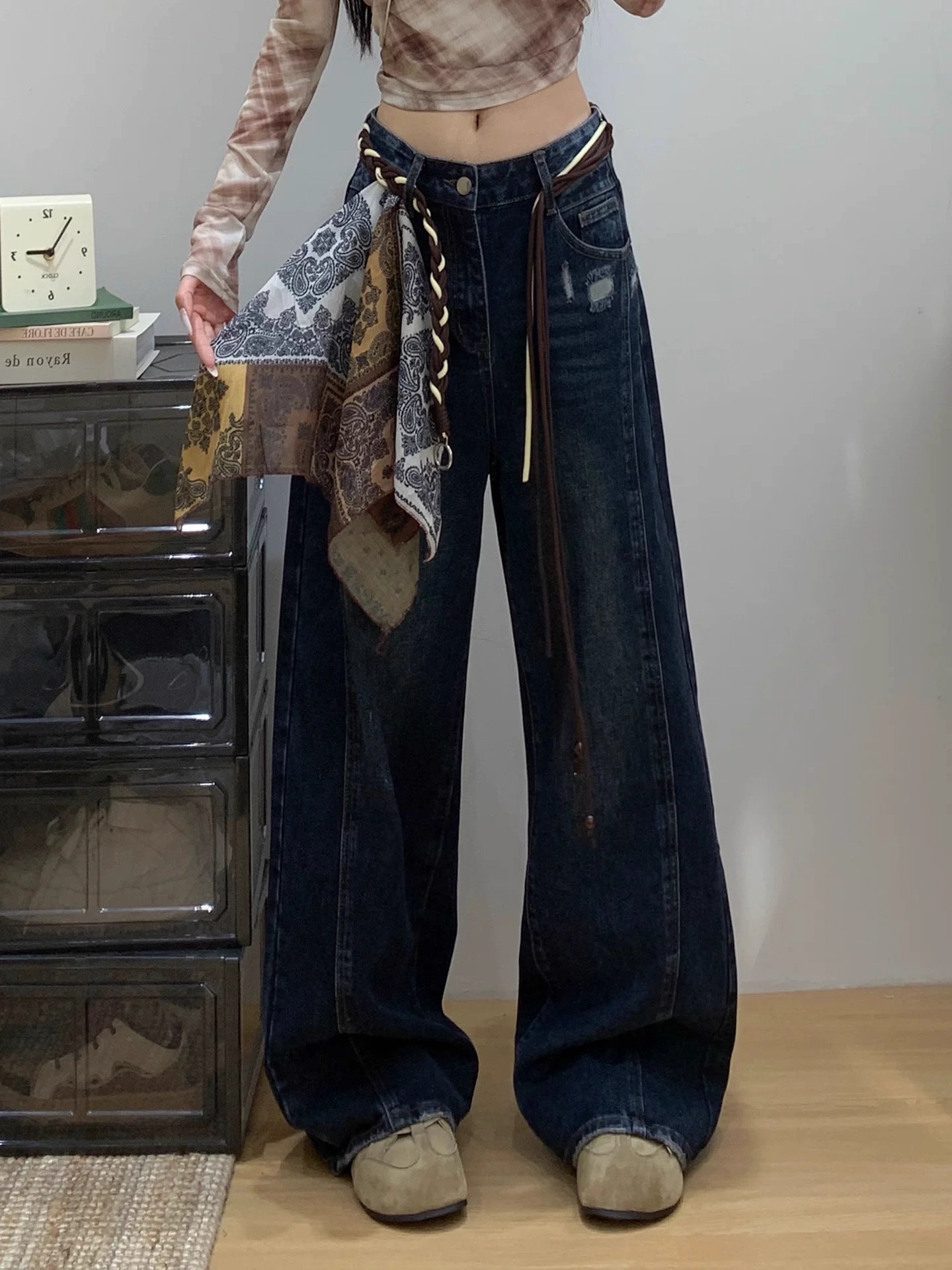 【不含腰带】新款韩货高腰系飘带宽松显瘦直筒阔腿牛仔裤女