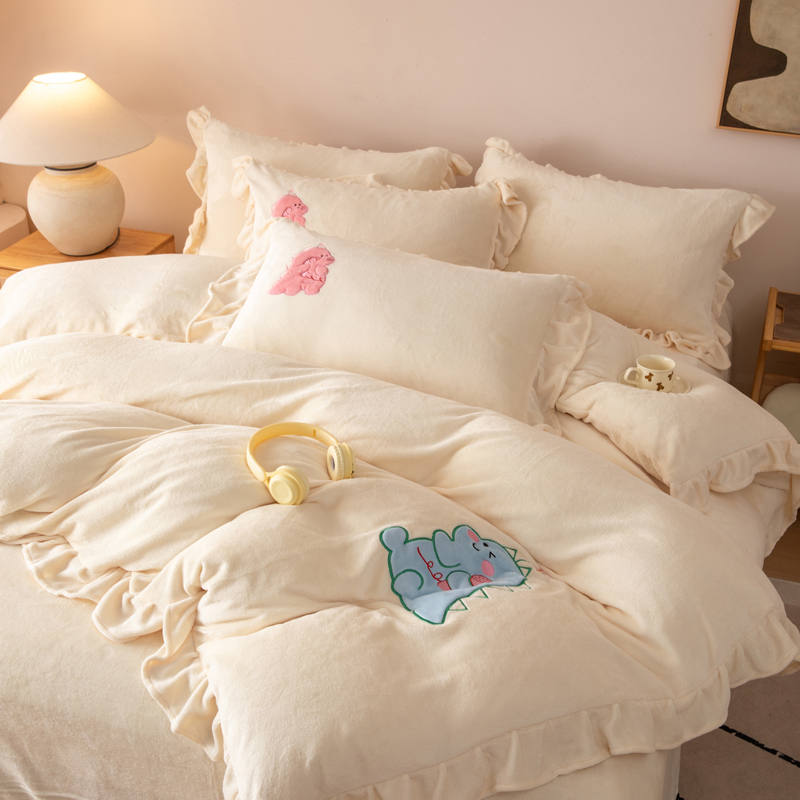 秋冬牛奶绒床上四件套加厚珊瑚绒面花边被套法兰绒宿舍床单三件套