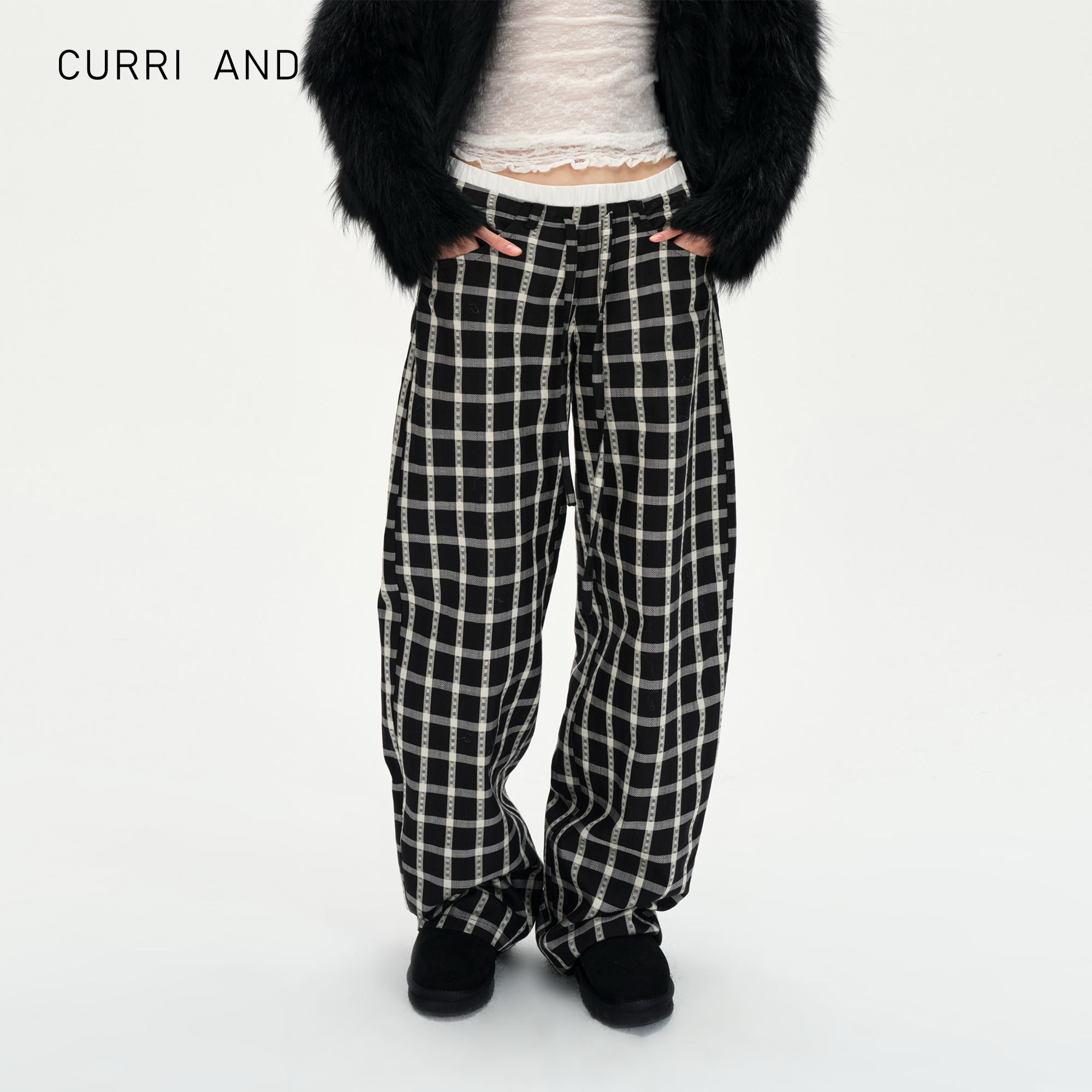 CURRI AND【9.22上新】复古显瘦格纹抽绳弯刀双腰头直筒格子裤女