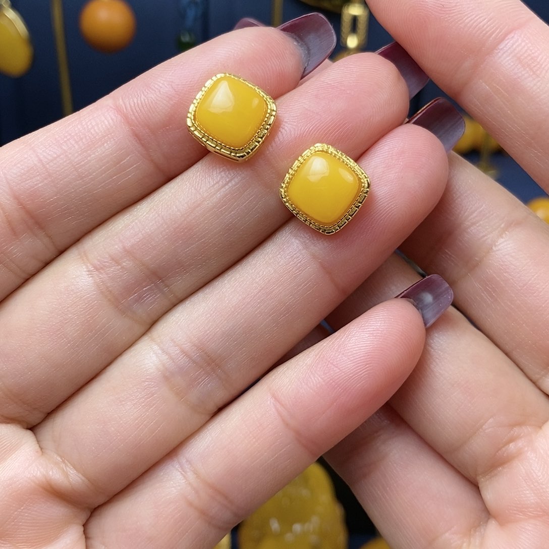 蜜蜡耳饰银S925镀金镶嵌