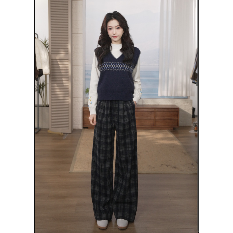茵曼25冬季时尚格纹抽绳阔腿裤百搭宽松保暖长裤子显瘦格子外穿