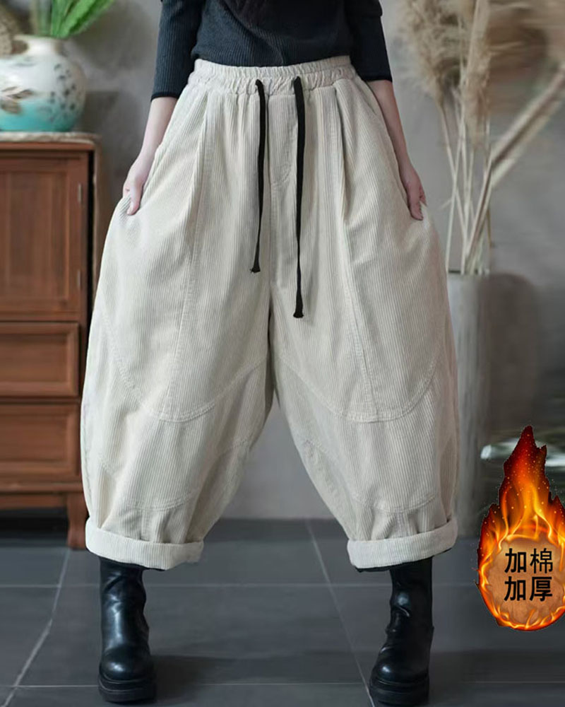 时尚新款复古炒色夹棉加厚灯芯绒休闲棉裤女百搭显瘦九分灯笼裤