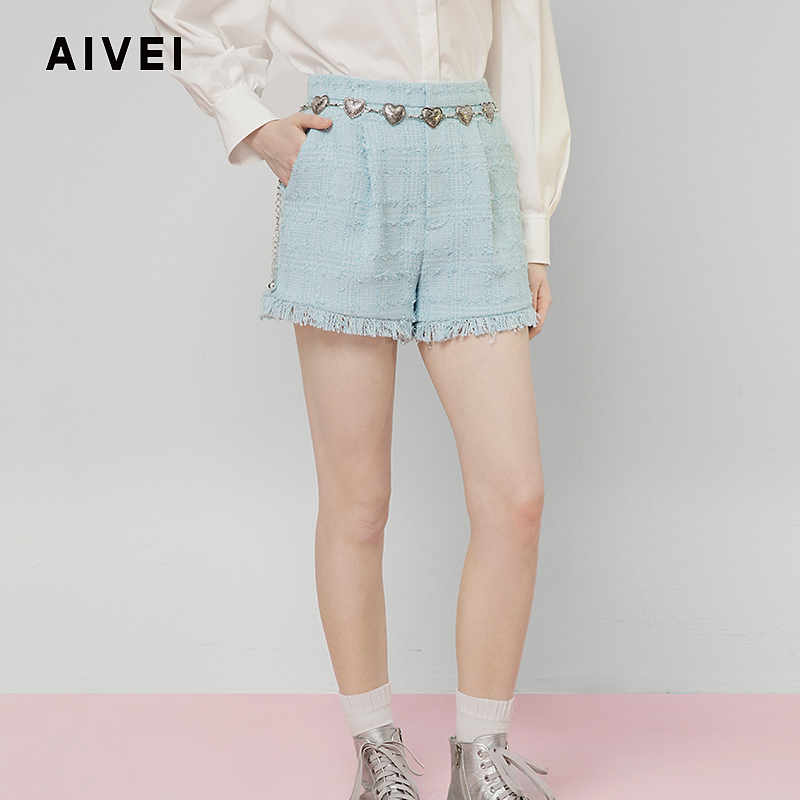 AIVEI欣贺艾薇2025春季名媛小香风chic粗花呢流苏短裤S713103B