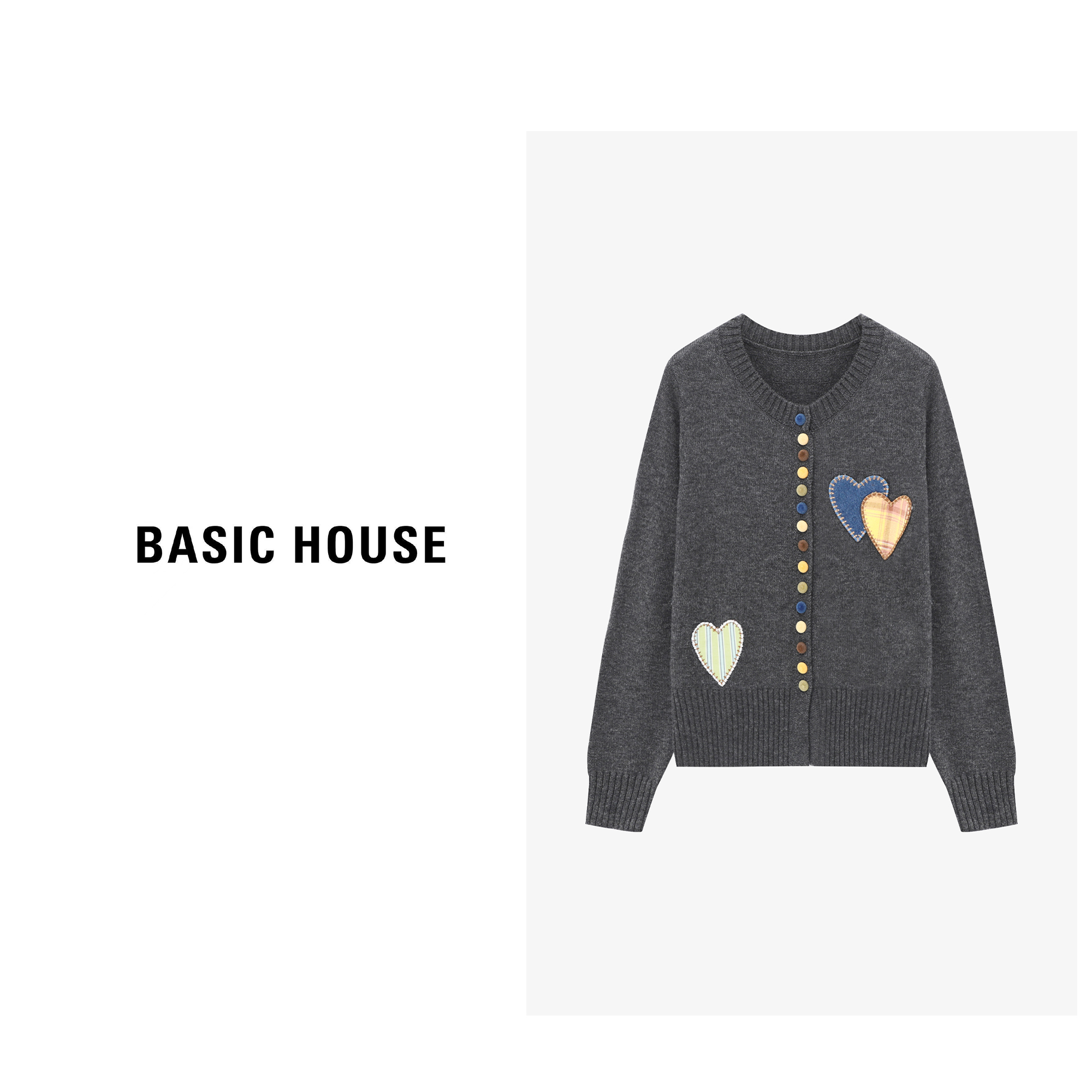 爱心刺绣彩扣羊毛衫女冬新款圆领减龄毛衣开衫-B06245A8462