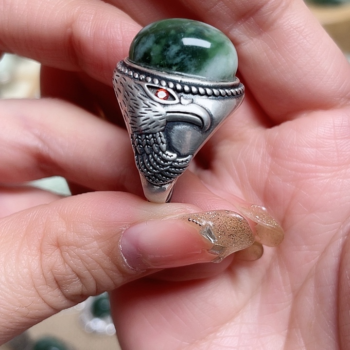 透闪石-蛇纹石玉戒指银S925镶嵌