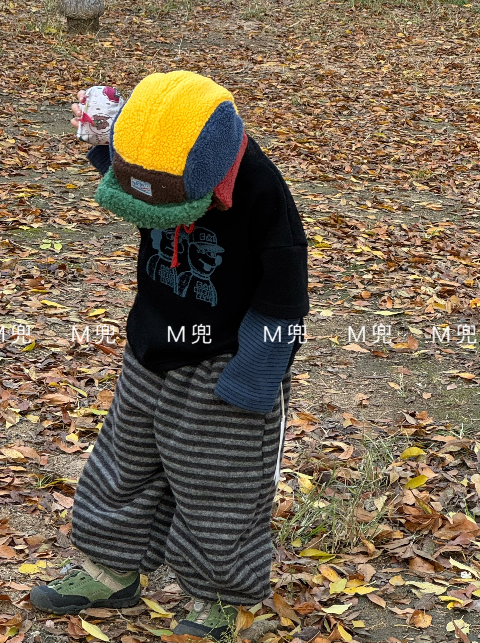 MD25年新款条纹加厚羊驼绒男女同款儿童卫裤